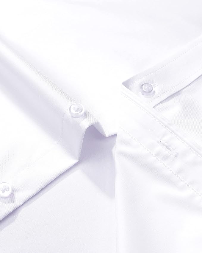Men's Dress Shirts Wrinkle-Free Long Sleeve Stretch Solid Formal Business Button Down Shirt with Pocket - White