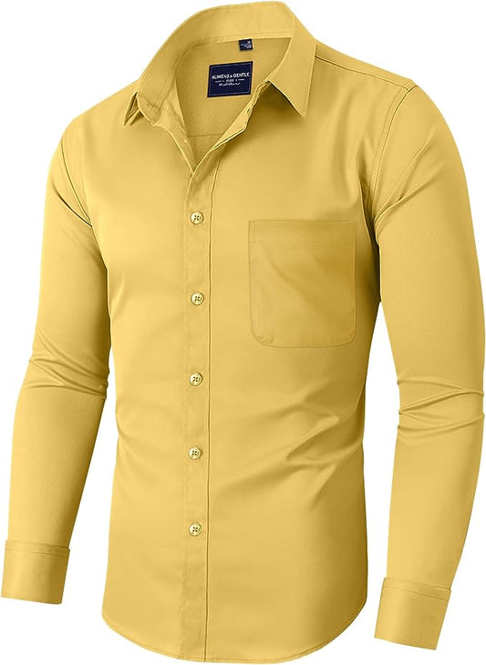 Men's Dress Shirts Wrinkle-Free Long Sleeve Stretch Solid Formal Business Button Down Shirt with Pocket - Yellow