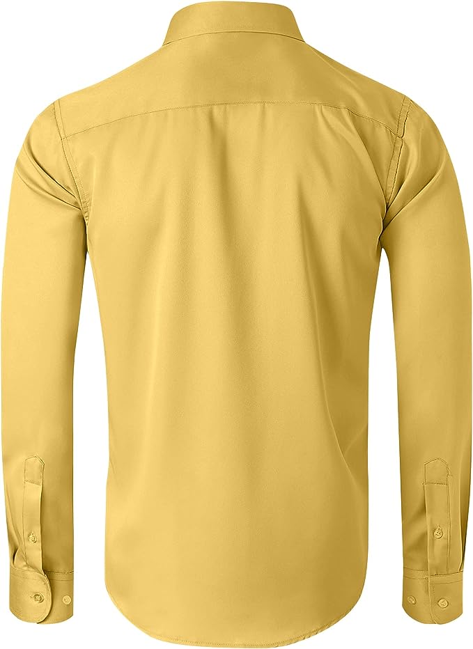 Men's Dress Shirts Wrinkle-Free Long Sleeve Stretch Solid Formal Business Button Down Shirt with Pocket - Yellow