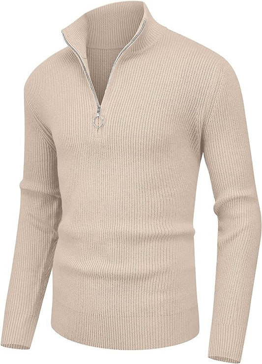 Men's Soft Sweaters Quarter Zip Pullover Classic Ribbed Turtleneck Sweater - Beige