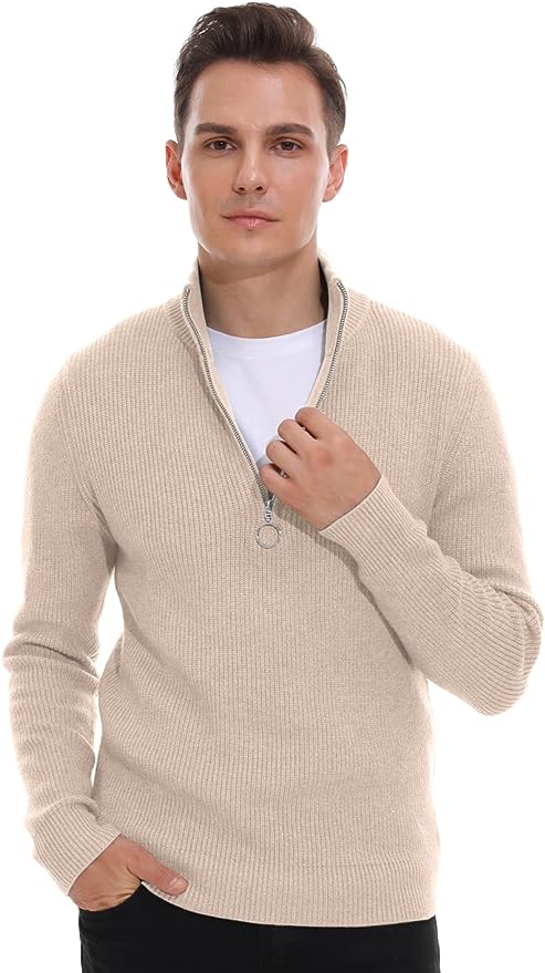 Men's Soft Sweaters Quarter Zip Pullover Classic Ribbed Turtleneck Sweater - Beige