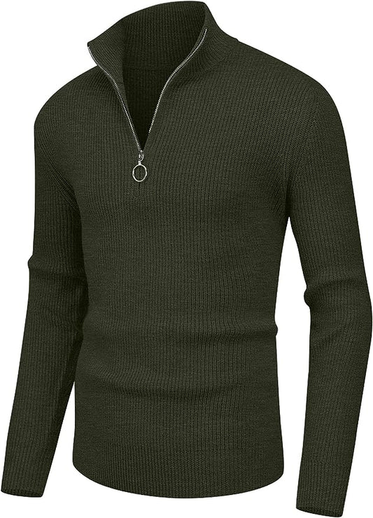 Men's Soft Sweaters Quarter Zip Pullover Classic Ribbed Turtleneck Sweater - Green