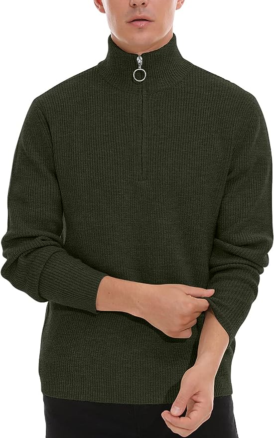 Men's Soft Sweaters Quarter Zip Pullover Classic Ribbed Turtleneck Sweater - Green