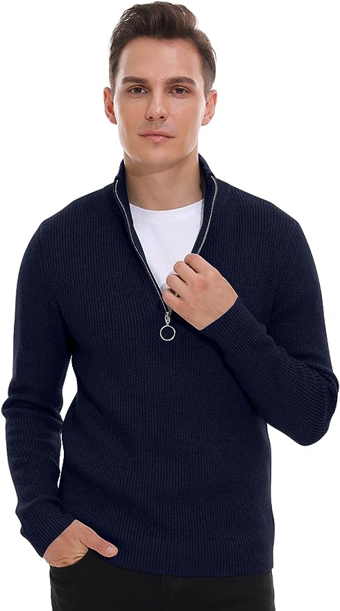 Men's Soft Sweaters Quarter Zip Pullover Classic Ribbed Turtleneck Sweater - Navy