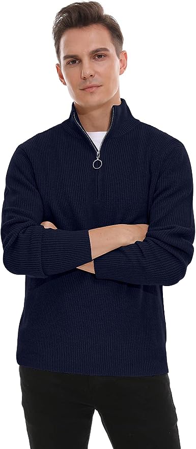 Men's Soft Sweaters Quarter Zip Pullover Classic Ribbed Turtleneck Sweater - Navy