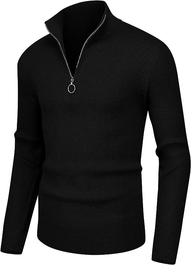 Men's Soft Sweaters Quarter Zip Pullover Classic Ribbed Turtleneck Sweater - Black