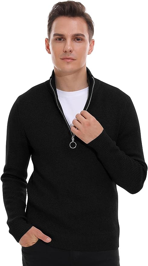 Men's Soft Sweaters Quarter Zip Pullover Classic Ribbed Turtleneck Sweater - Black