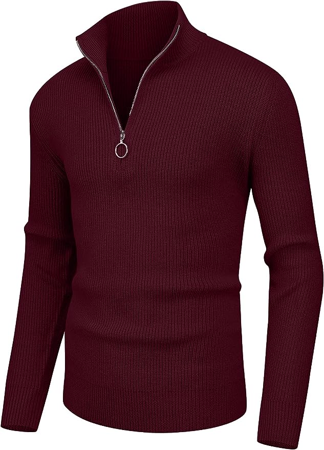 Men's Soft Sweaters Quarter Zip Pullover Classic Ribbed Turtleneck Sweater - Red Wine