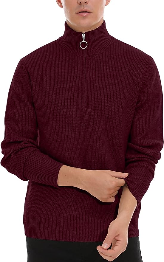 Men's Soft Sweaters Quarter Zip Pullover Classic Ribbed Turtleneck Sweater - Red Wine