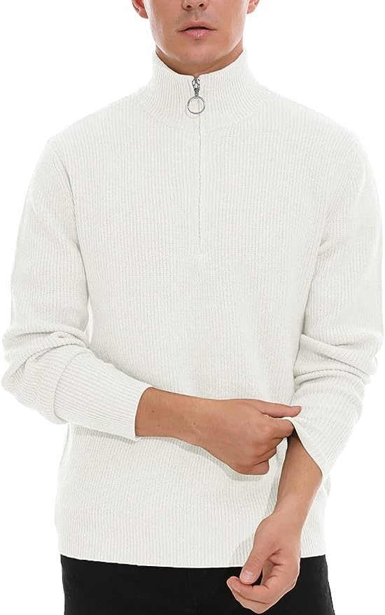 Men's Soft Sweaters Quarter Zip Pullover Classic Ribbed Turtleneck Sweater - White