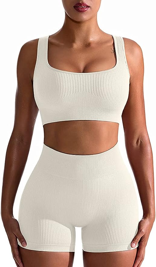 Women's 2 Piece Seamless Ribbed High Waist Short with Sports Bra Exercise Set - Beige