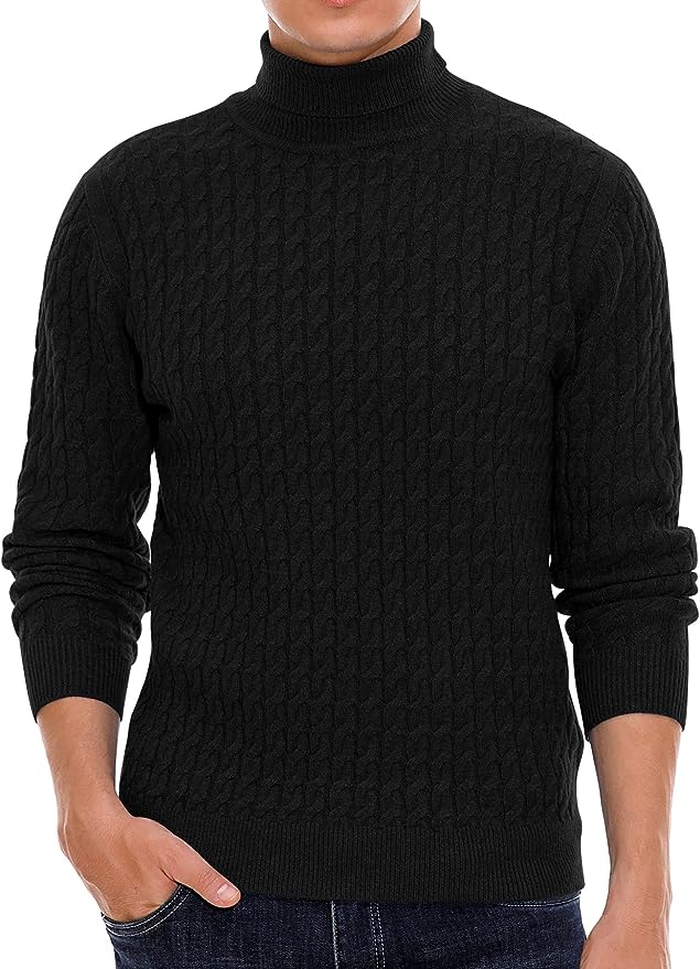 Men's Twisted Knitted Turtleneck Sweater Casual Soft Pullover Sweaters - Black