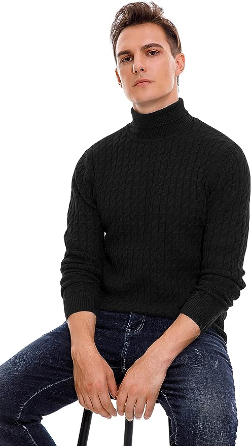 Men's Twisted Knitted Turtleneck Sweater Casual Soft Pullover Sweaters - Black