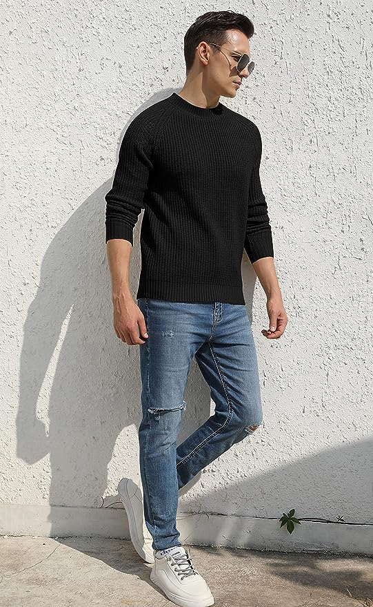 Men's Crewneck Casual Sweater Structured Knit Pullover - Black