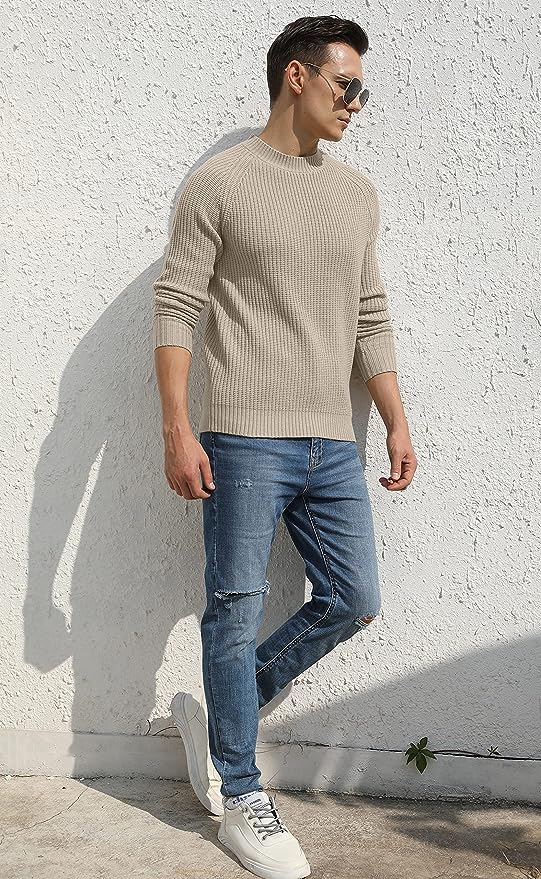 Men's Crewneck Casual Sweater Structured Knit Pullover - Khaki