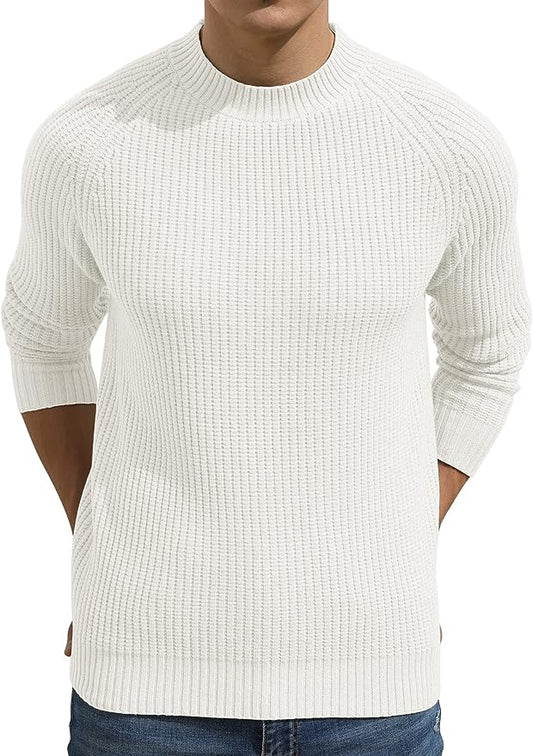 Men's Crewneck Casual Sweater Structured Knit Pullover - White