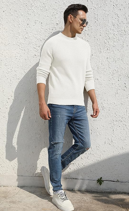 Men's Crewneck Casual Sweater Structured Knit Pullover - White