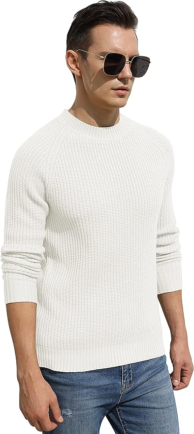 Men's Crewneck Casual Sweater Structured Knit Pullover - White
