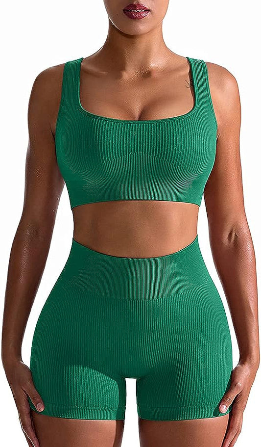 Women's 2 Piece Seamless Ribbed High Waist Short with Sports Bra Exercise Set - Green