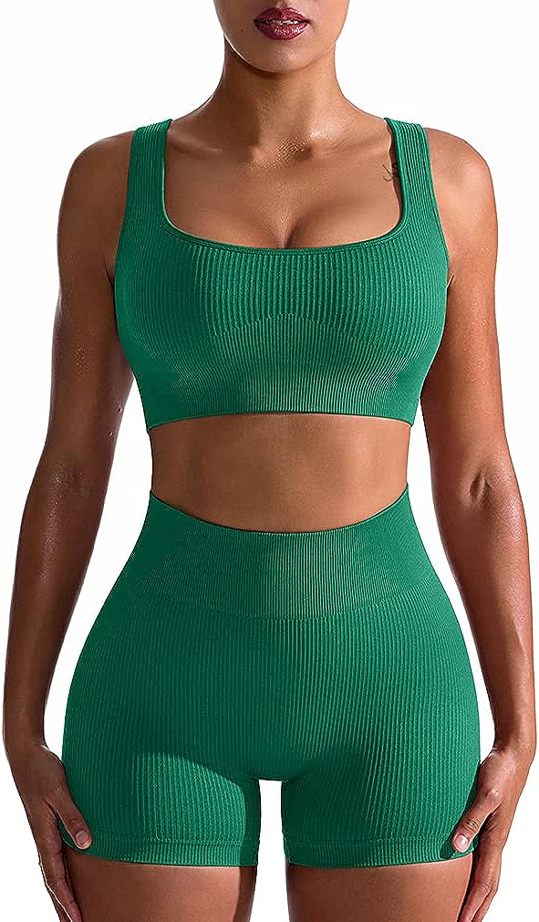 Women's 2 Piece Seamless Ribbed High Waist Short with Sports Bra Exercise Set - All Colors