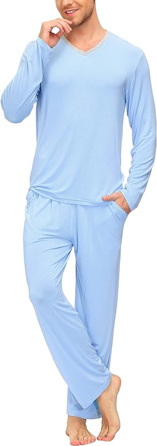 Wholesale Men's Pajama Sets Long Sleeve V Neck 2 Piece Men's Loungewear Sleepwear Sets