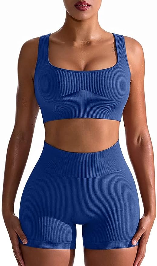 Women's 2 Piece Seamless Ribbed High Waist Short with Sports Bra Exercise Set - Navy