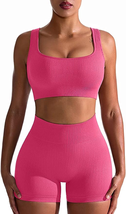Women's 2 Piece Seamless Ribbed High Waist Short with Sports Bra Exercise Set - Hot Pink