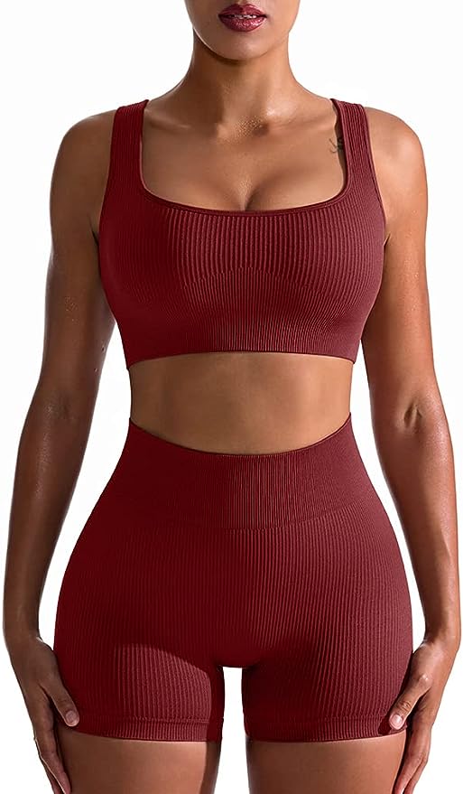 Women's 2 Piece Seamless Ribbed High Waist Short with Sports Bra Exercise Set - Red