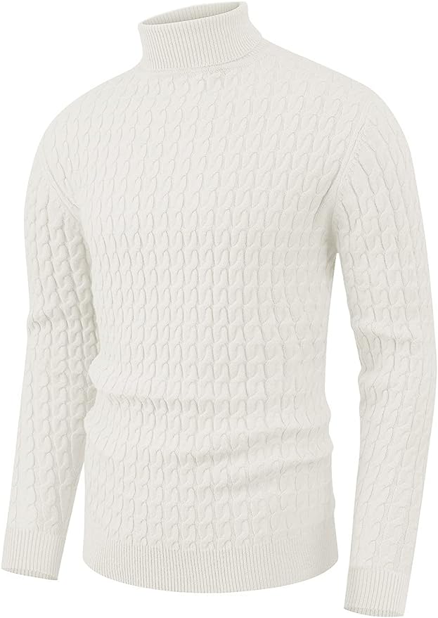 Men's Twisted Knitted Turtleneck Sweater Casual Soft Pullover Sweaters - White