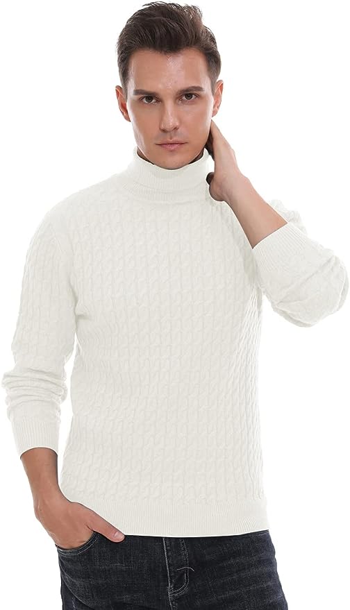 Men's Twisted Knitted Turtleneck Sweater Casual Soft Pullover Sweaters - White