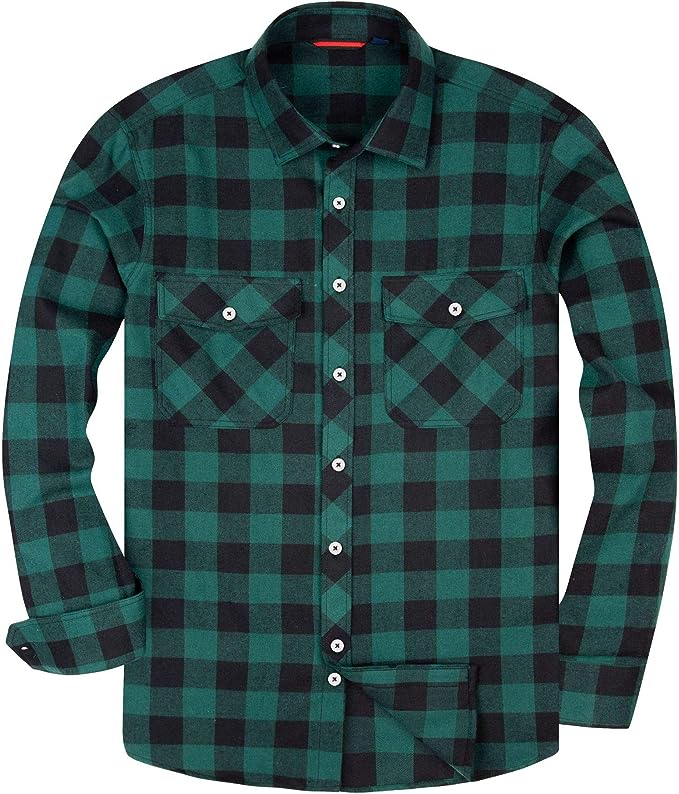 Men's Button Down Regular Fit Long Sleeve Plaid Flannel Casual Shirts Black/Green