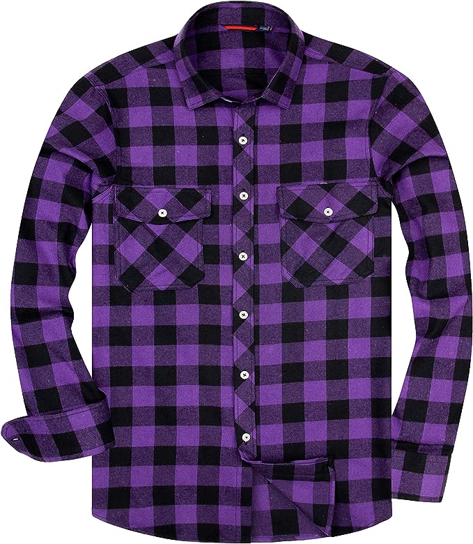 Men's Button Down Regular Fit Long Sleeve Plaid Flannel Casual Shirts Black/Purple