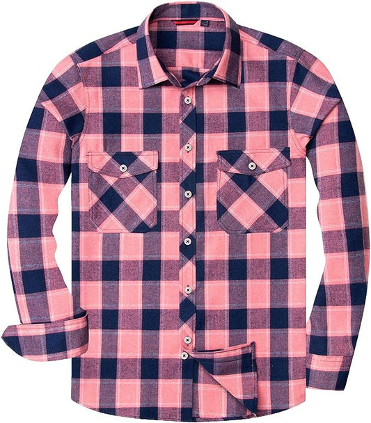 Men's Button Down Regular Fit Long Sleeve Plaid Flannel Casual Shirts Blue/Pink