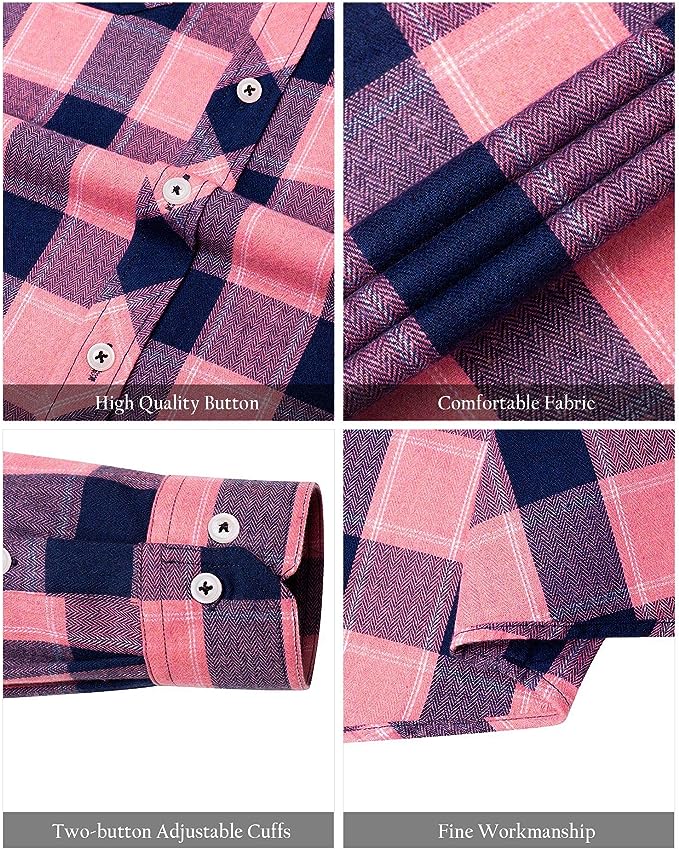 Men's Button Down Regular Fit Long Sleeve Plaid Flannel Casual Shirts Blue/Pink