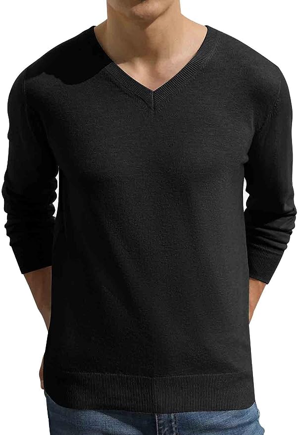 Men's V-Neck Casual Sweater Structured Knit Pullover - Black
