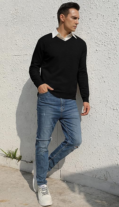 Men's V-Neck Casual Sweater Structured Knit Pullover - Black