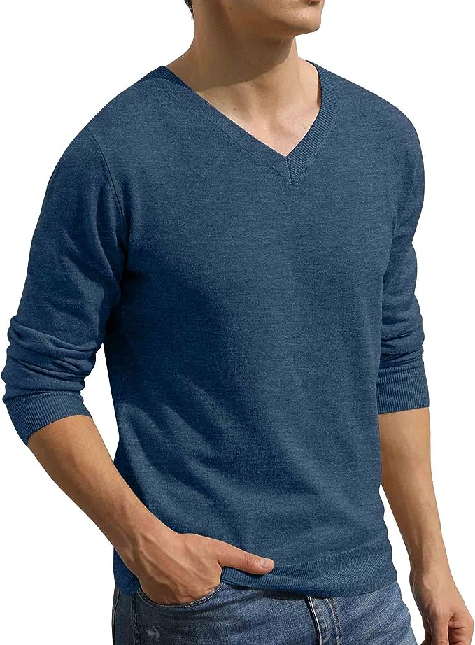 Men's V-Neck Casual Sweater Structured Knit Pullover - Blue