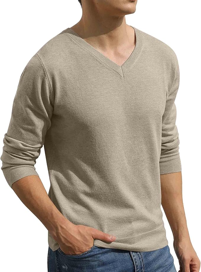 Men's V-Neck Casual Sweater Structured Knit Pullover - Khaki