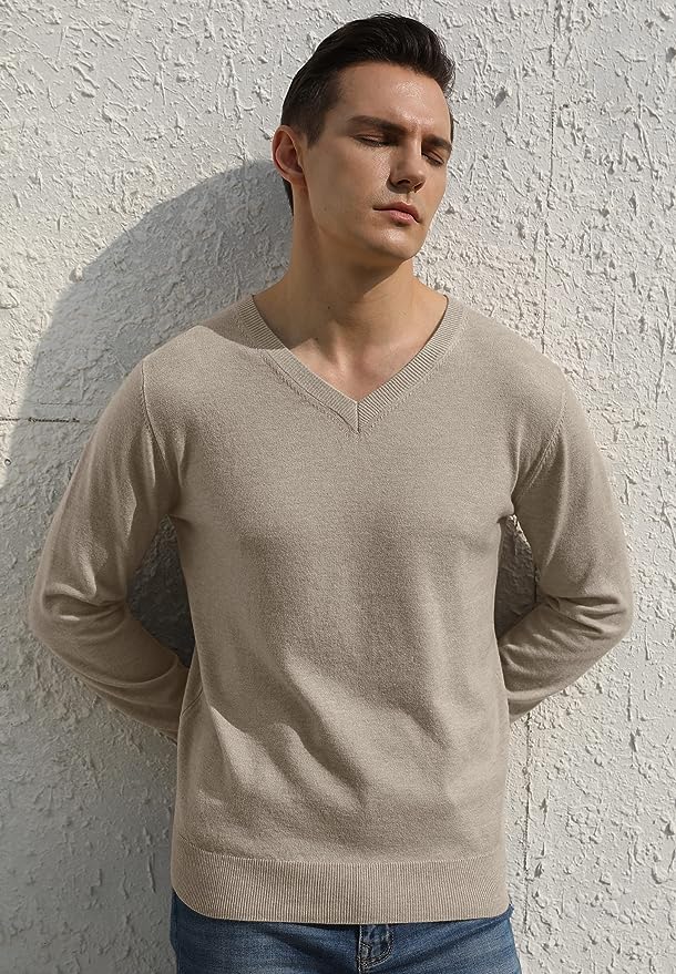 Men's V-Neck Casual Sweater Structured Knit Pullover - Khaki