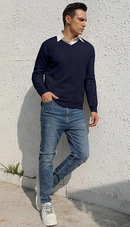 Men's V-Neck Casual Sweater Structured Knit Pullover - Navy