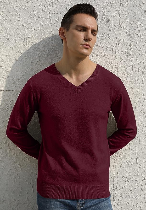 Men's V-Neck Casual Sweater Structured Knit Pullover - Red