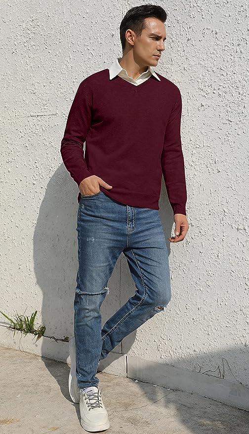 Men's V-Neck Casual Sweater Structured Knit Pullover - Red
