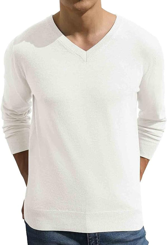 Men's V-Neck Casual Sweater Structured Knit Pullover - White