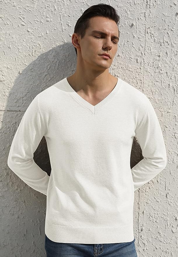Men's V-Neck Casual Sweater Structured Knit Pullover - White