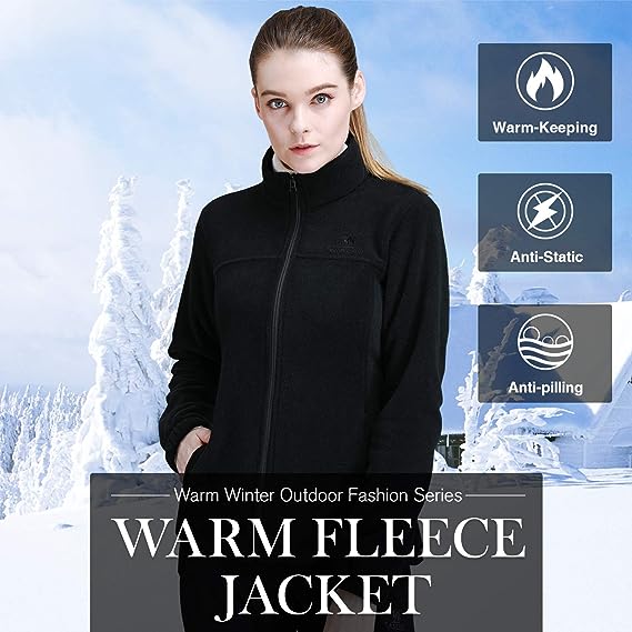 Wholesale Women's Full Zip Thermal Jackets With Pockets Soft Polar Fleece Coat - Black
