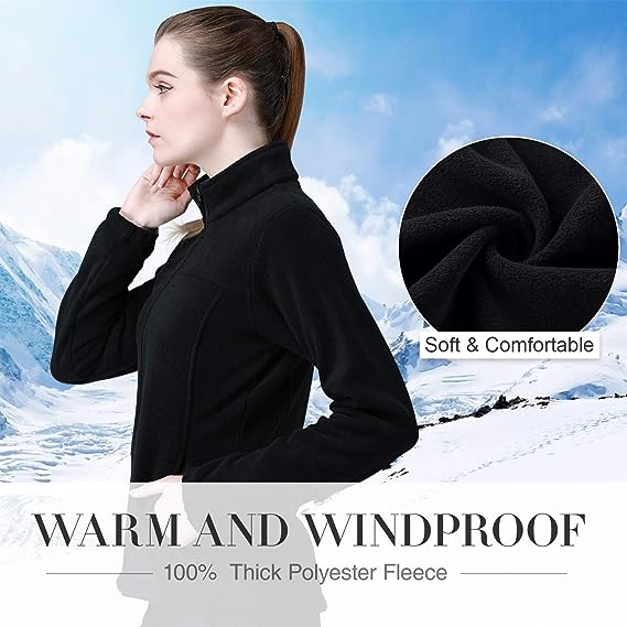 Wholesale Women's Full Zip Thermal Jackets With Pockets Soft Polar Fleece Coat - Black