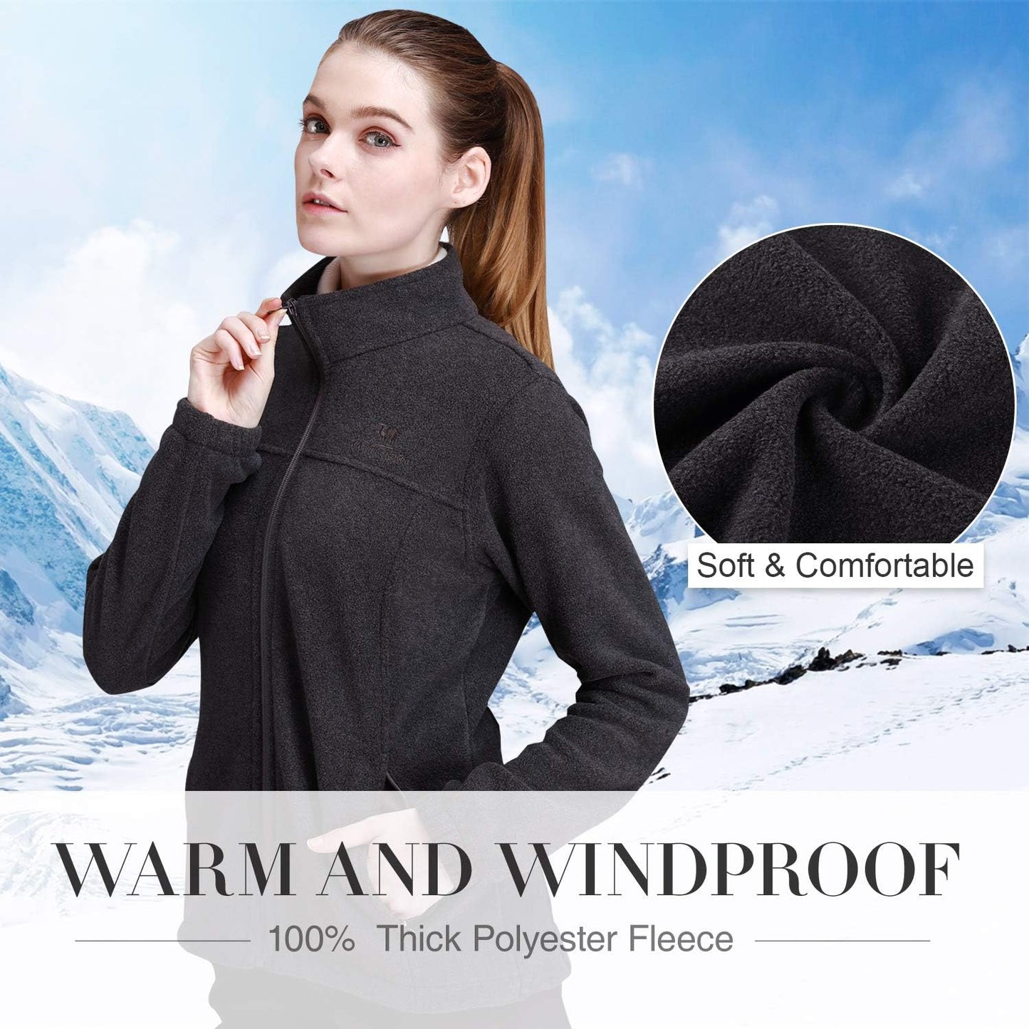 Wholesale Women's Full Zip Thermal Jackets With Pockets Soft Polar Fleece Coat - Gray