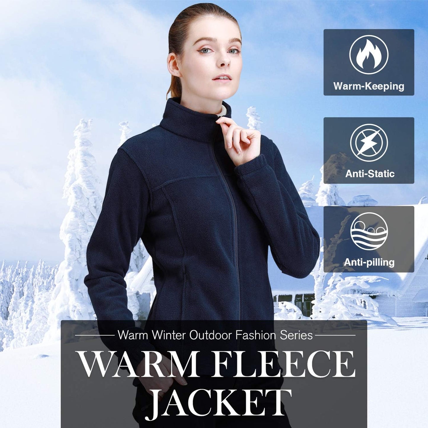 Wholesale Women's Full Zip Thermal Jackets With Pockets Soft Polar Fleece Coat - Navy
