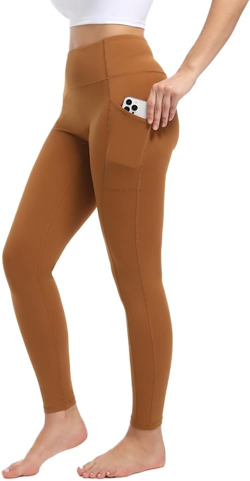 Women's Leggings with Pockets High Waist Tummy Control Yoga Pants - Brown
