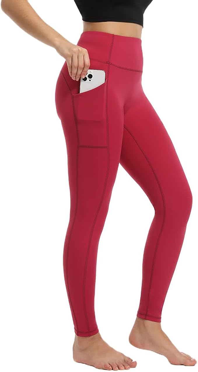 Women's Leggings with Pockets High Waist Tummy Control Yoga Pants - Red